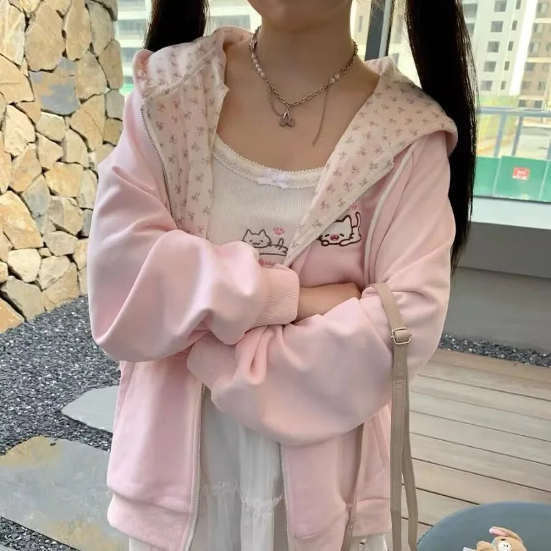 Abrigo con capucha Harajuku coreano Kawaii para mujer, cárdigan fino de manga larga con cremallera, ropa de calle Y2K, nuevas chaquetas holgadas de longitud media