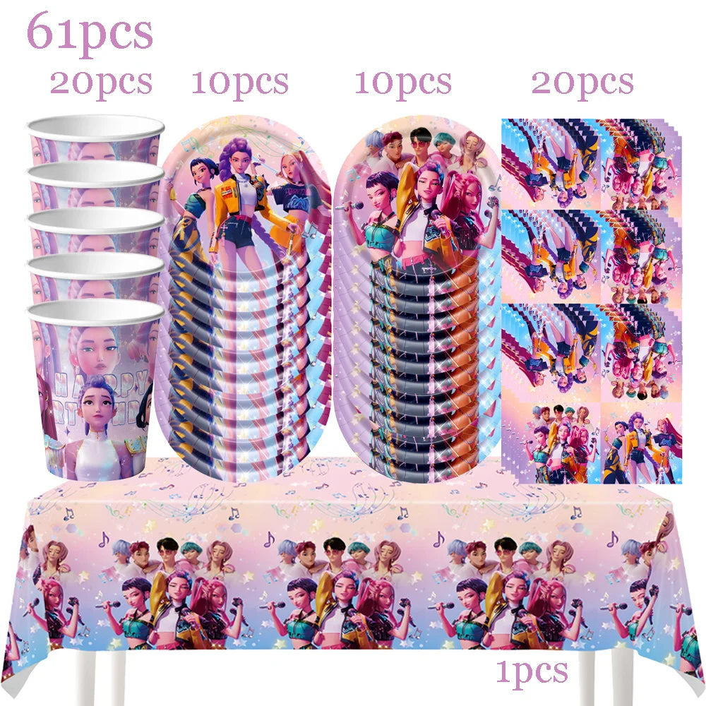 Vajilla desechable para fiesta temática de cazadores de demonios k-pop, plato con bandera de cazador, globo, decoración de cazadores, suministros para fiesta de cumpleaños