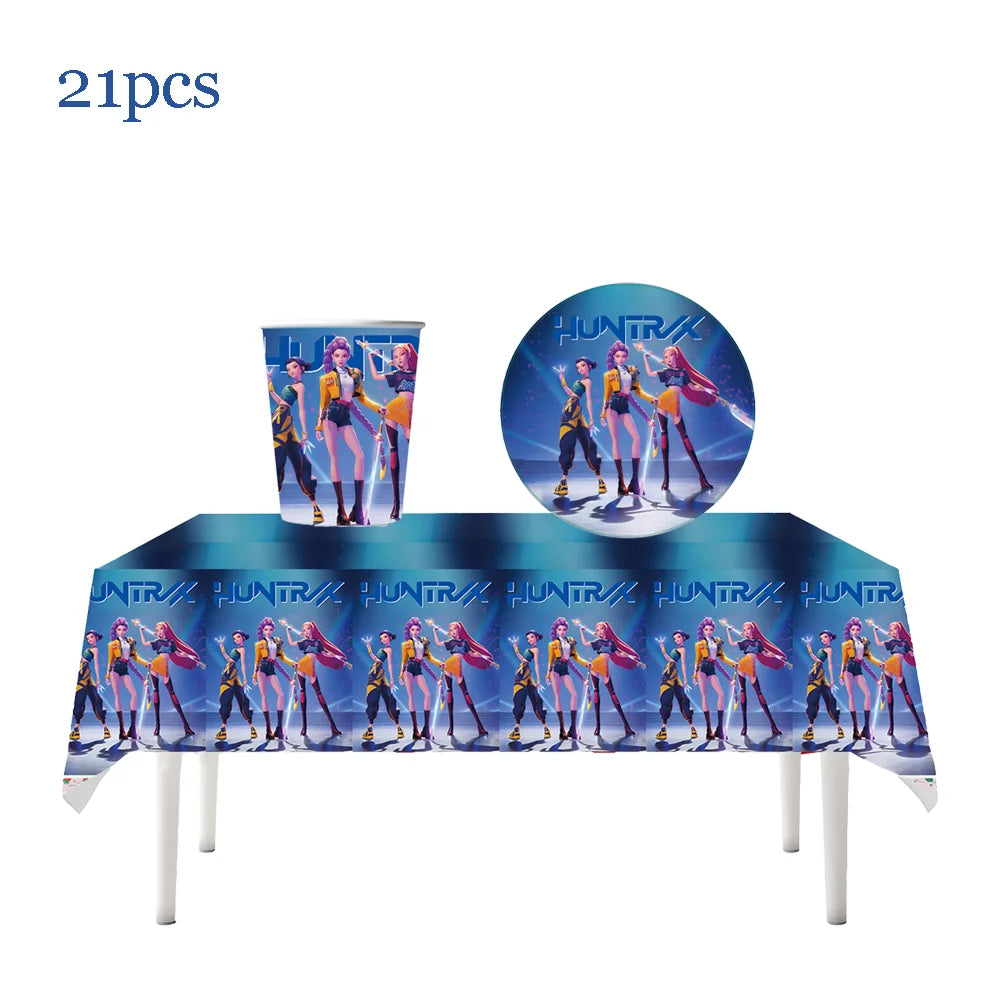 Vajilla desechable para fiesta temática de cazadores de demonios k-pop, plato con bandera de cazador, globo, decoración de cazadores, suministros para fiesta de cumpleaños