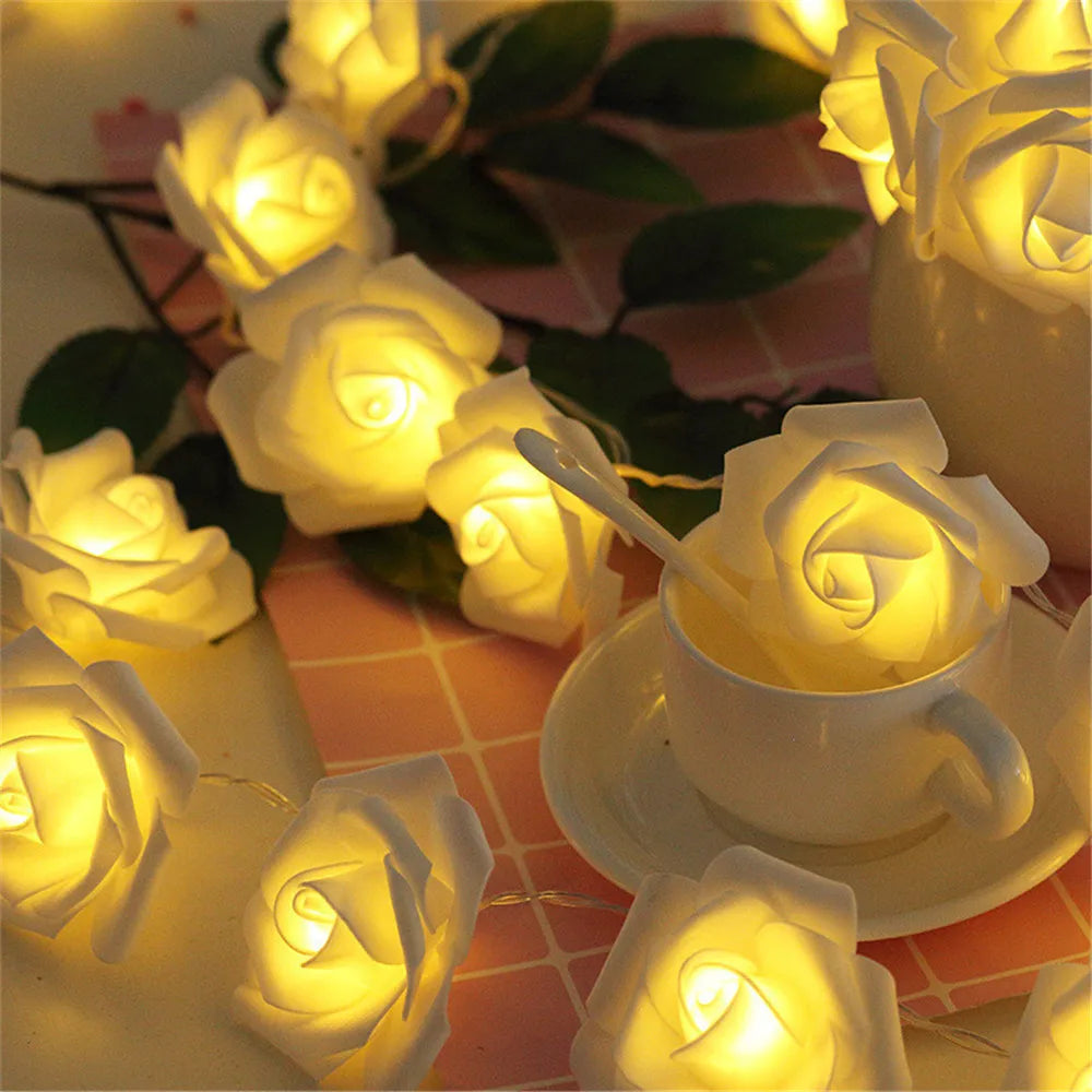 Guirnalda de Luces LED de 3m con 20 Rosas Artificiales, Funciona con Pilas, Decoración para Bodas, Habitaciones, Ramadán, Regalos para el Día de la Madre