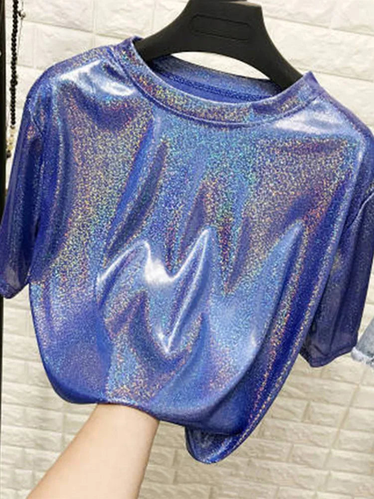 Tops de verano para mujer, camiseta holgada brillante de manga corta, camiseta sexy de estética para club harajuku, camiseta elegante de seda brillante para mujer