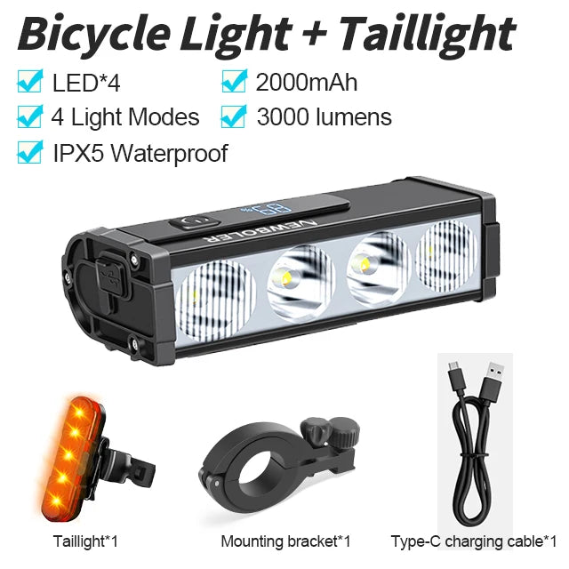 NEWBOLER-luz frontal para bicicleta, 4/15LED, 4000mAh, resistente al agua, linterna con carga USB, accesorios para lámpara de ciclismo de montaña y carretera