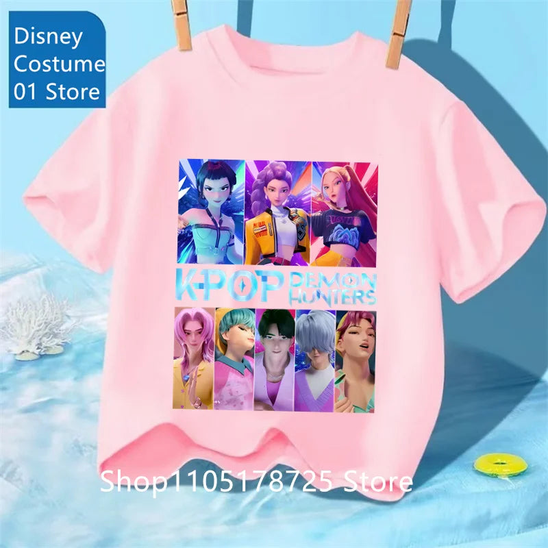 Camiseta con Estampado de Demon Hunters de Kpop, Ropa de Verano para Niños, Camiseta de la Película 2025, Camiseta de Manga Corta para Niñas y Niños, Camiseta Cómoda