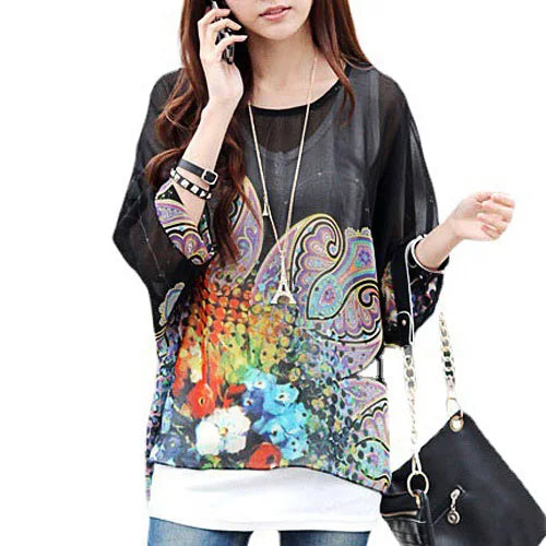 Novedad 2015 de mini vestidos casuales de gasa con estampado de flores para señoras, vestidos estilo bohemio con manga de murciélago en tallas grandes 4XL 5XL 6XL