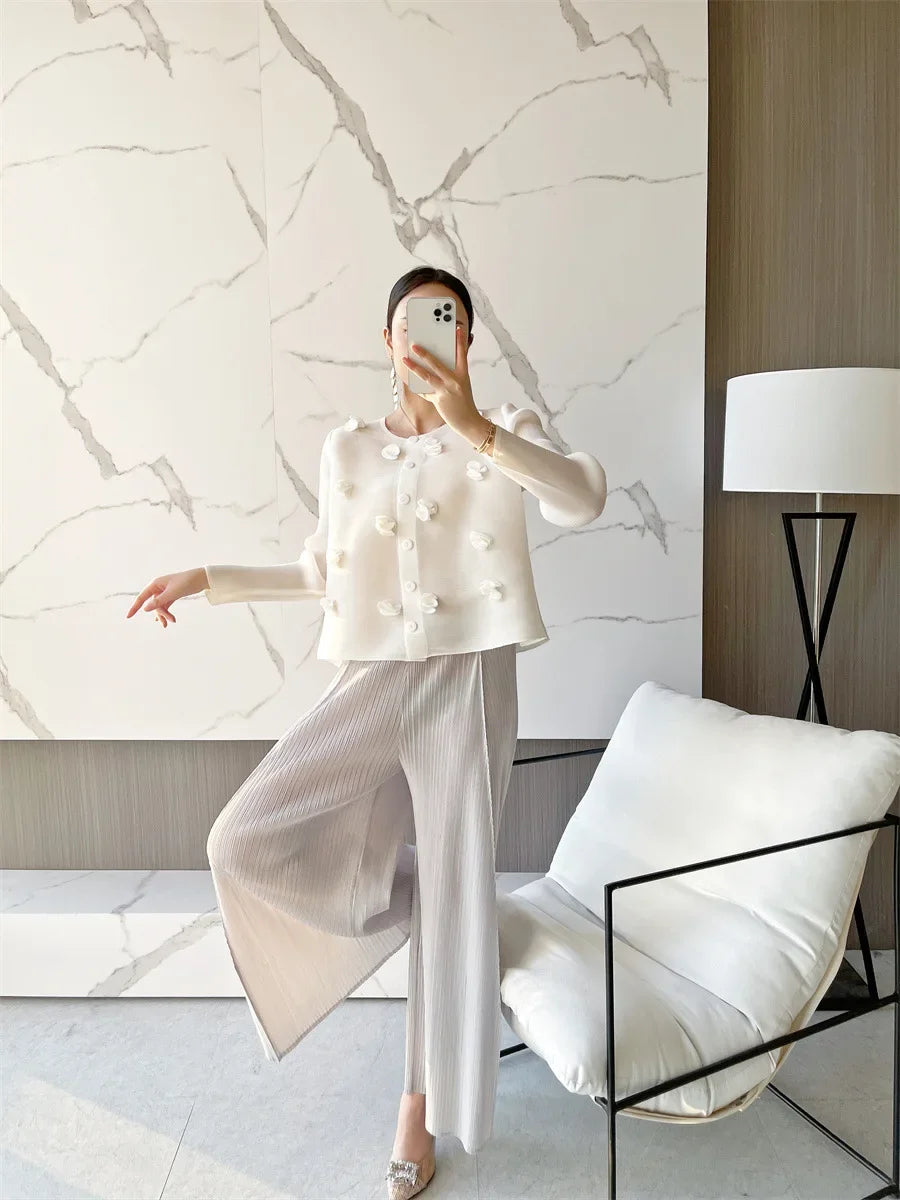 YUDX-abrigos cortos plisados para mujer, ropa de diseñador, cárdigan con botones blancos, apliques 3D, pétalos de concha, Primavera, 2022