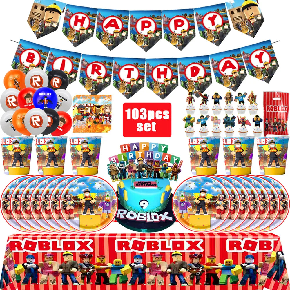 Roblox-Juego de decoración para fiesta de cumpleaños, vajilla de juego, bolsa de regalo, mantel, globo, adorno para pastel, telón de fondo, suministros para fiesta Baby Showe Roblox