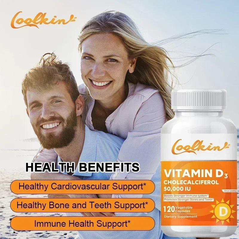 Vitamina D3 50000IU: salud muscular, huesos fuertes y salud del sistema nervioso, apoyo a la inmune