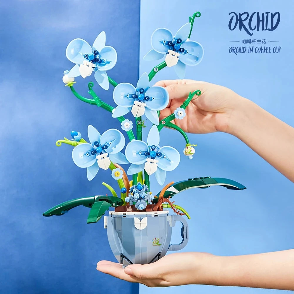 Taza de café de orquídeas y flores, bloques de construcción en maceta, ramo 3D, ladrillos MOC, juguetes de construcción, decoración de plantas de escritorio para el hogar DIY