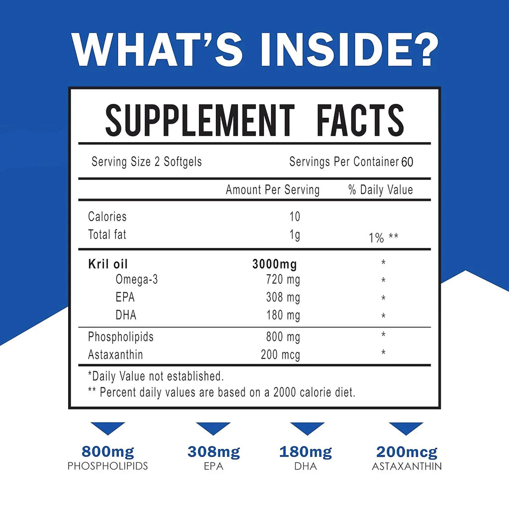 Aceite de Krill Antártico 3000mg - Omega-3 EPA, DHA, Astaxantina Natural, Máxima Fuerza para la Salud del Corazón y las Articulaciones