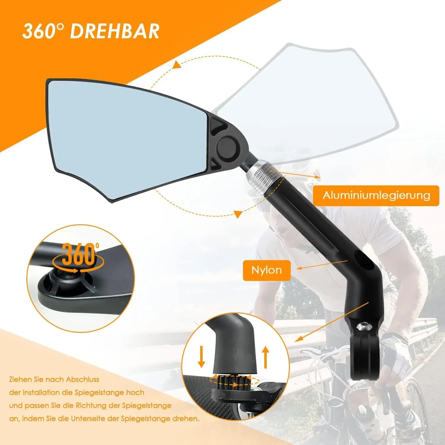 Espejo Retrovisor para Bicicleta Antideslumbrante - Espejo Retrovisor para Bicicleta con Retracción y Giro de 360° °   Lente Ajustable, Bicicleta Plegable