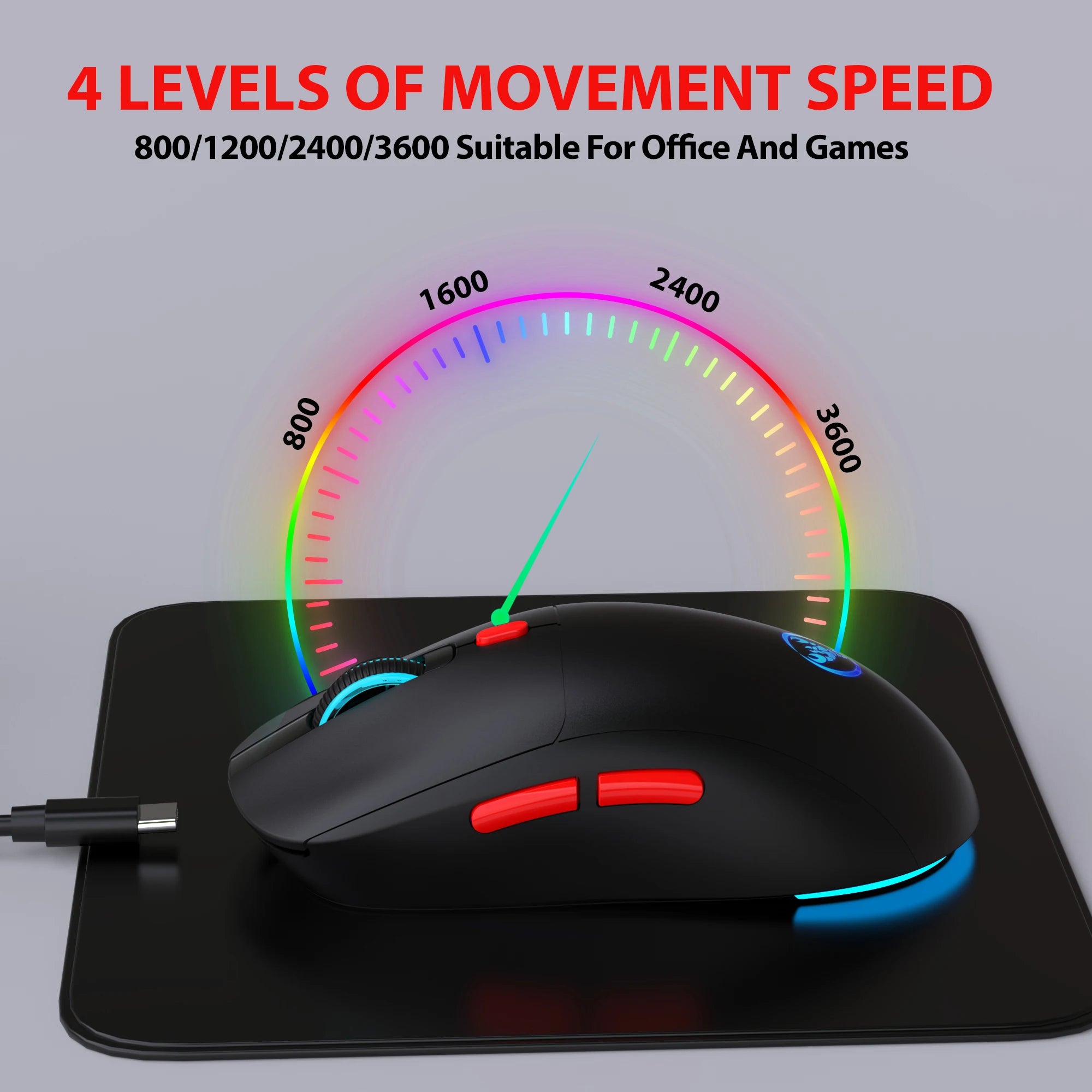 Ratón Inalámbrico Recargable de 2.4G, 650mAh, Ajustable a 3600DPI, Iluminación RGB de 7 Colores, Ergonómico y Silencioso para Oficina, Portátil, PC y Juegos