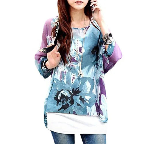 Novedad 2015 de mini vestidos casuales de gasa con estampado de flores para señoras, vestidos estilo bohemio con manga de murciélago en tallas grandes 4XL 5XL 6XL