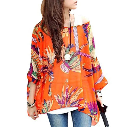 Novedad 2015 de mini vestidos casuales de gasa con estampado de flores para señoras, vestidos estilo bohemio con manga de murciélago en tallas grandes 4XL 5XL 6XL