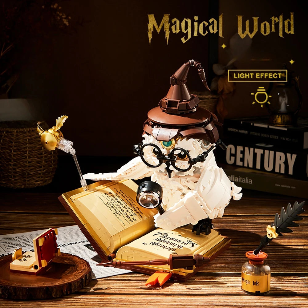 Mundo Mágico búho Doctor libro mágico y luces bloques de construcción animales modelos de aves niños juguetes de ensamblaje chico regalos de navidad