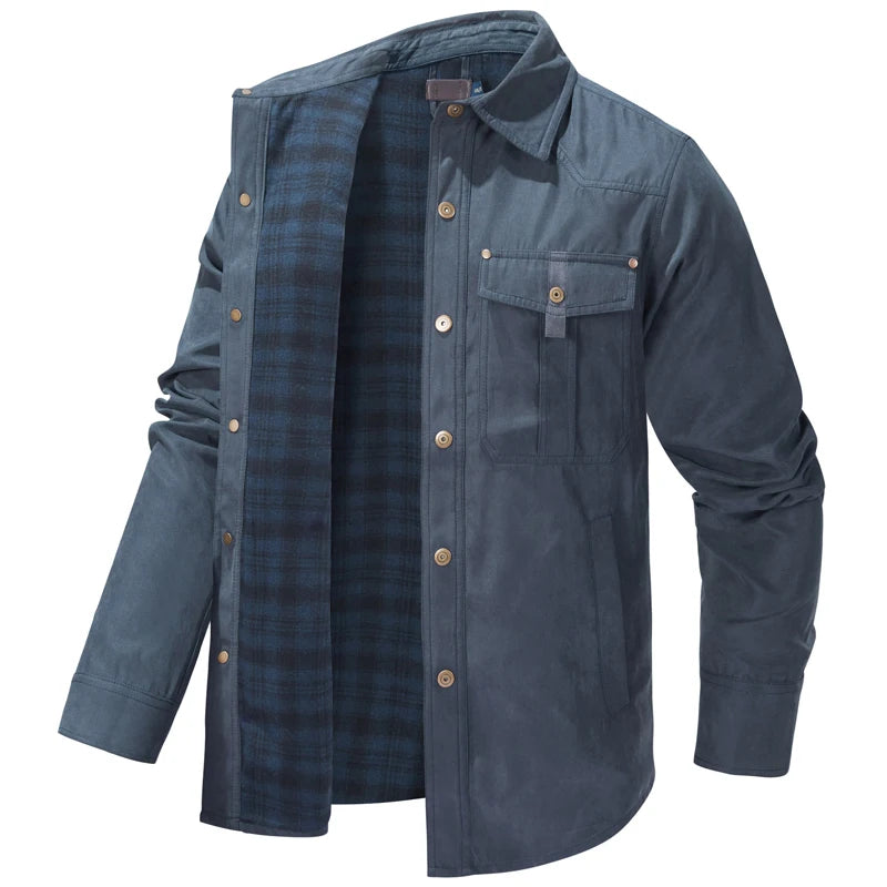 Primavera otoño hombres camisa de franela a cuadros chaqueta Casual hombres Retro solapa algodón camisas cálidas hombres chaqueta cortavientos táctica ropa