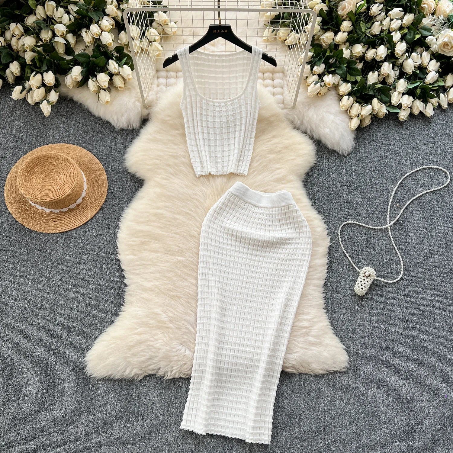 Conjunto de falda de moda de verano para mujer, camisetas sin mangas Sexy, cintura alta, Saya larga delgada, trajes de dos piezas, ropa de punto sólida