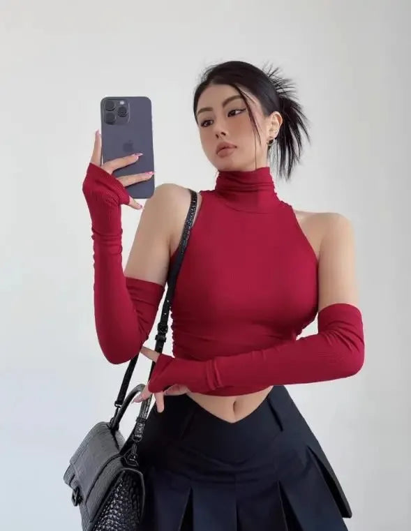 Top sin mangas Sexy para primavera y verano, Top corto plisado con mangas para chica picante y cuello alto, camiseta para mujer, ropa informal ajustada Y2k