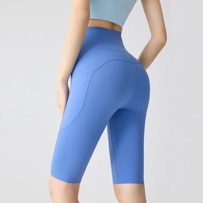 BIVIGAOS, pantalones cortos de verano con bolsillo para Yoga de piel de tiburón para bicicleta, pantalones cortos finos de cintura alta con realce, sensación desnuda, pantalones cortos deportivos para ciclismo y Fitness