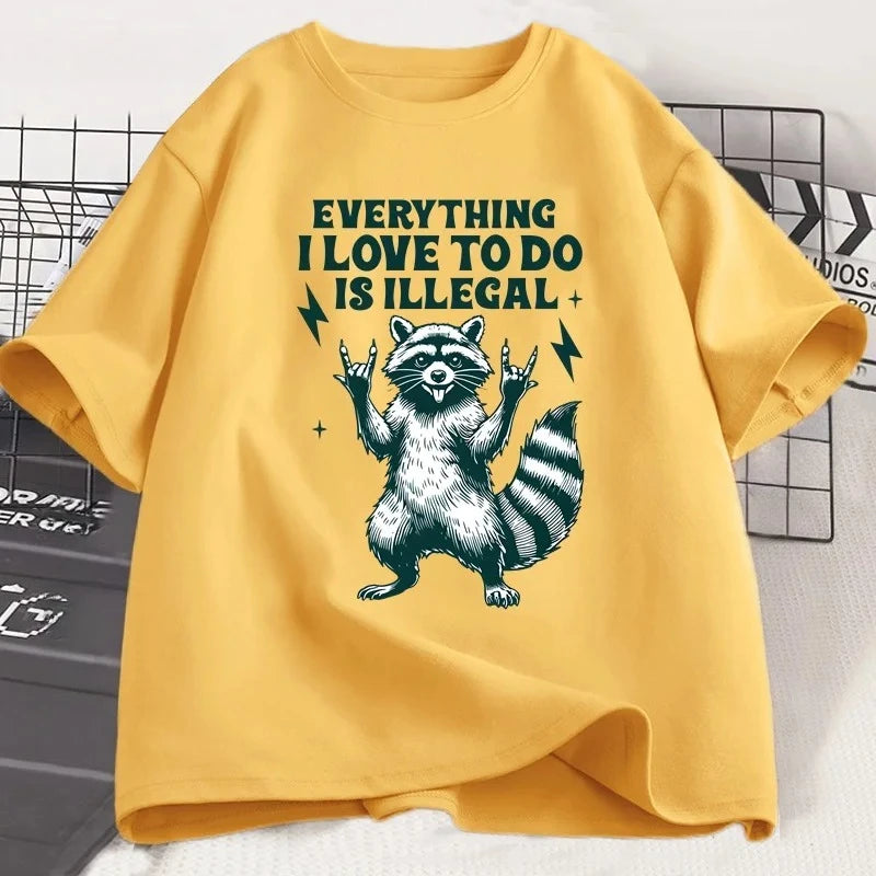 Camiseta divertida con patrón de mapache, camiseta de humor, pantalón corto informal para mujer, camiseta de manga Harajuku, ropa para mujer, camisetas gráficas Y2K