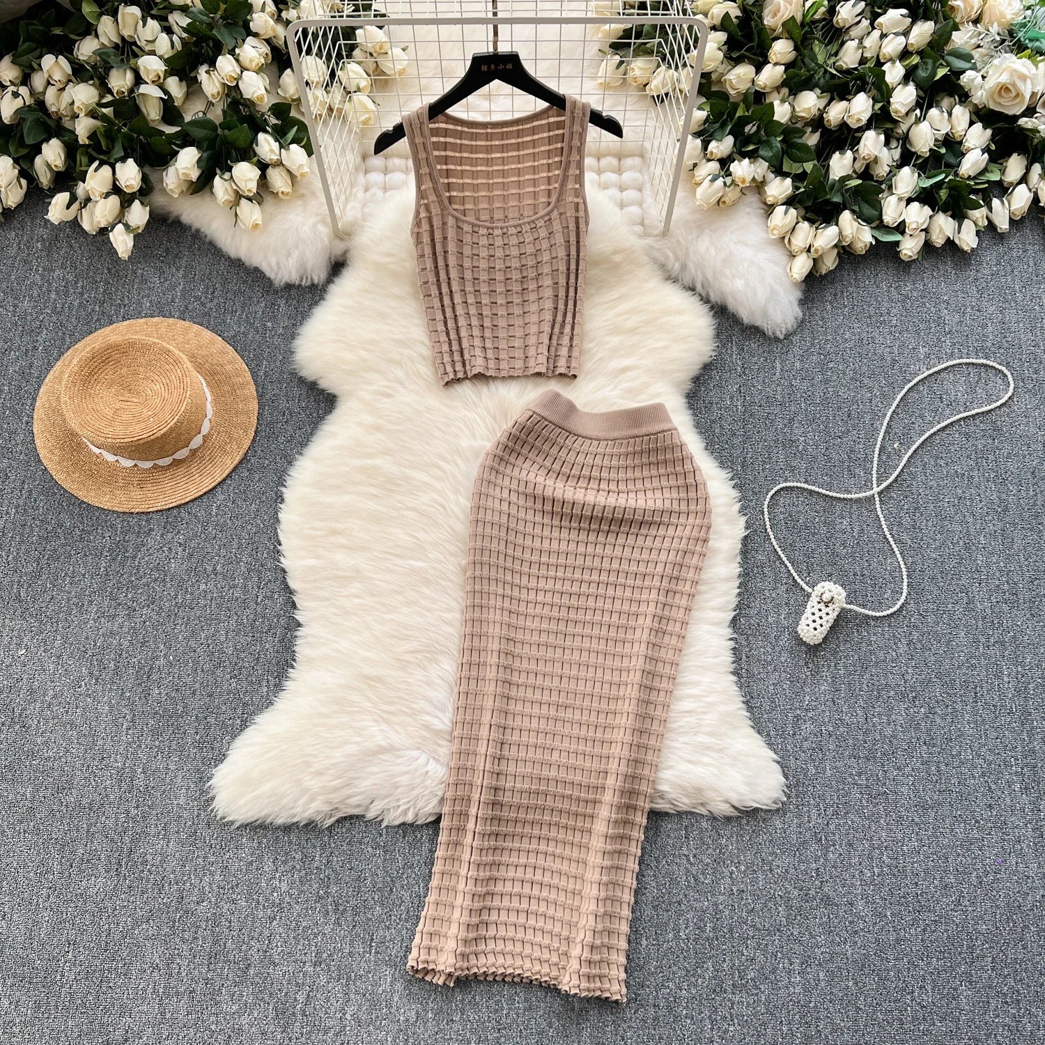 Conjunto de falda de moda de verano para mujer, camisetas sin mangas Sexy, cintura alta, Saya larga delgada, trajes de dos piezas, ropa de punto sólida