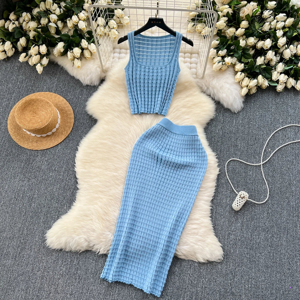 Conjunto de falda de moda de verano para mujer, camisetas sin mangas Sexy, cintura alta, Saya larga delgada, trajes de dos piezas, ropa de punto sólida