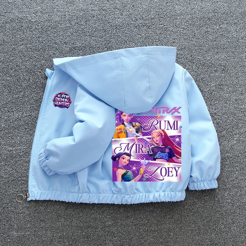Chaqueta Cortavientos para Niñas Adolescentes K-pop Demon Hunters 2026 Primavera Otoño, Chaqueta con Capucha Estampada de Dibujos Animados, Ropa Exterior Impermeable