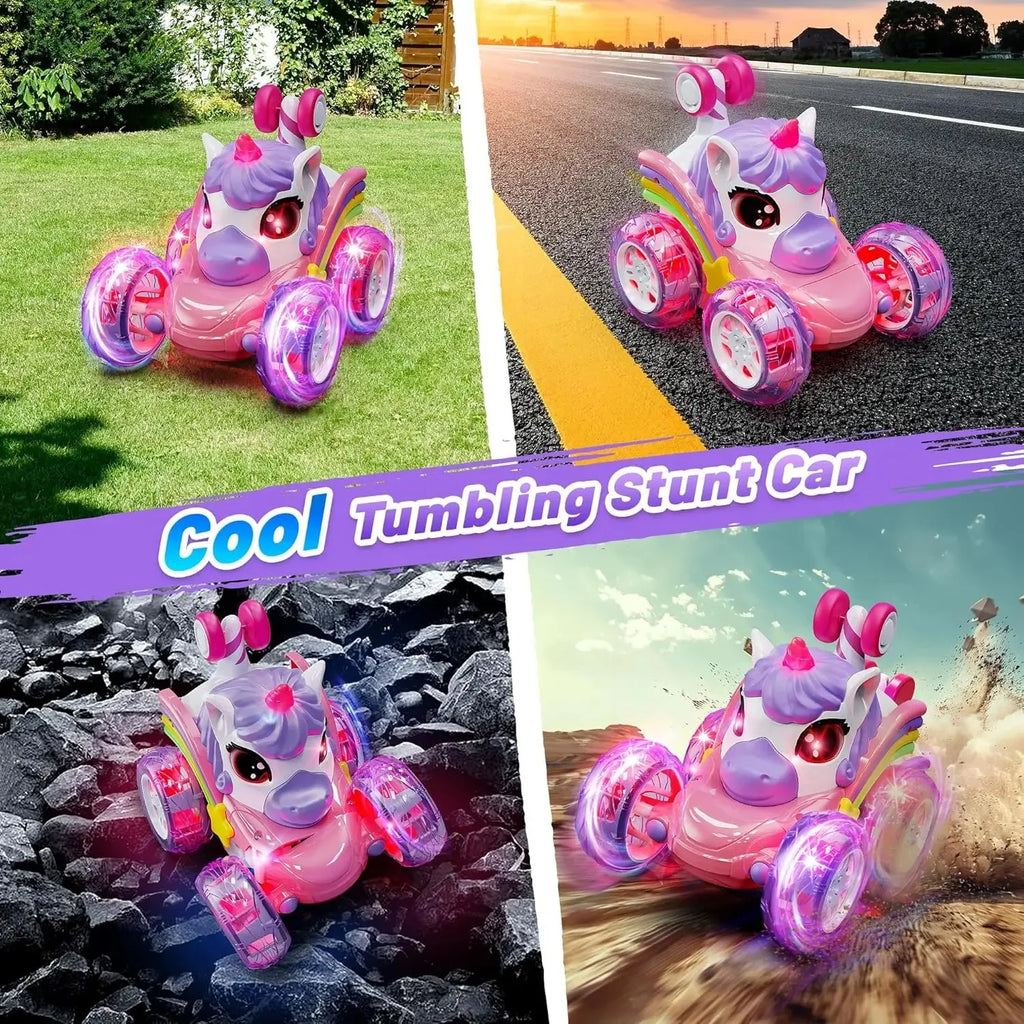 Coche teledirigido unicornio para niñas, 360 °   Coches RC acrobáticos giratorios 4WD con luces lindas, juguetes recargables para niños para regalos de cumpleaños