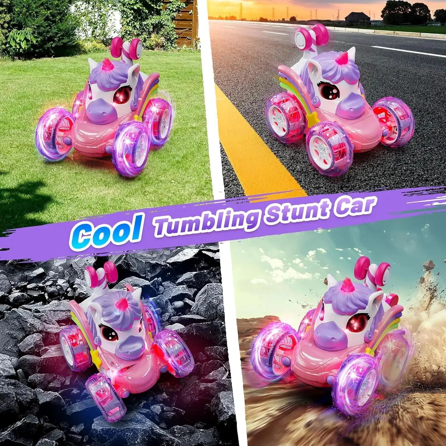 Coche teledirigido unicornio para niñas, 360 °   Coches RC acrobáticos giratorios 4WD con luces lindas, juguetes recargables para niños para regalos de cumpleaños