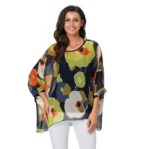 Novedad 2015 de mini vestidos casuales de gasa con estampado de flores para señoras, vestidos estilo bohemio con manga de murciélago en tallas grandes 4XL 5XL 6XL
