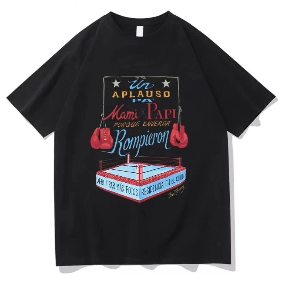 Bad Bunny DTMF Merch Boxing Tee Camiseta estética Unisex Estampado geométrico Cuello redondo Manga corta Estilo urbano Camiseta estampada