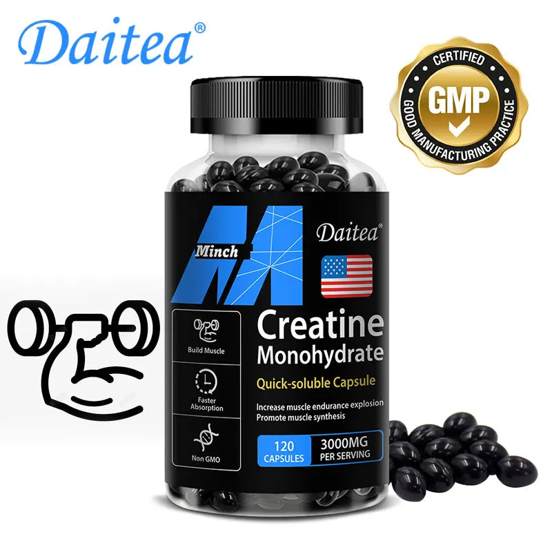 Monohidrato de creatina: promueve la masa muscular, la fuerza muscular y el rendimiento atlético, 30/60/120 cápsulas, sin OGM, sin gluten
