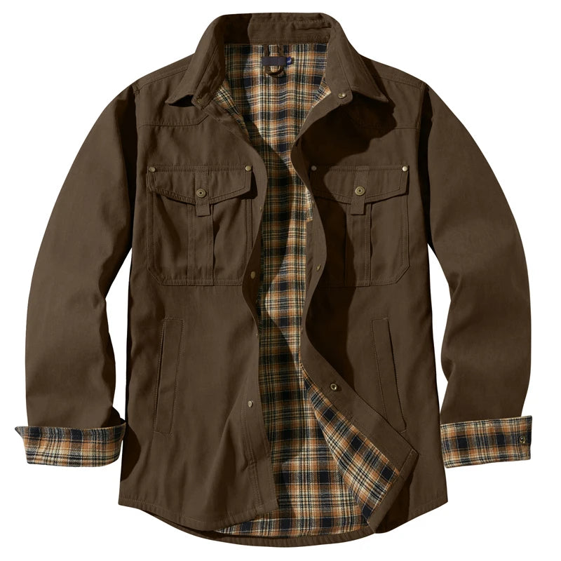 Primavera otoño hombres camisa de franela a cuadros chaqueta Casual hombres Retro solapa algodón camisas cálidas hombres chaqueta cortavientos táctica ropa
