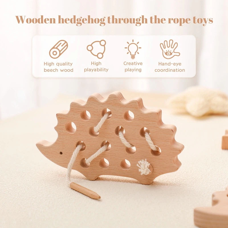Juguetes de madera Montessori para bebé, tablero de enhebrado de erizo Animal, juguete educativo de madera de haya para niños, bloques de cuentas con botones, juguetes rompecabezas
