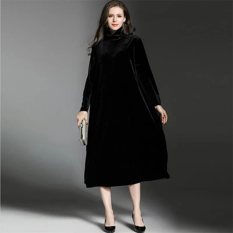 Vestido de terciopelo de invierno 2026 primavera manga larga cuello alto vestido elegante Casual Retro Vintage Vestidos de fiesta de terciopelo Vestidos
