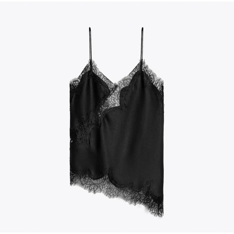 Verano mujeres Halter Top satén encaje empalmado tanque sin espalda cuello profundo Sexy chaleco dobladillo Irregular Vestidos 2025 señora vacaciones Sexy Tops