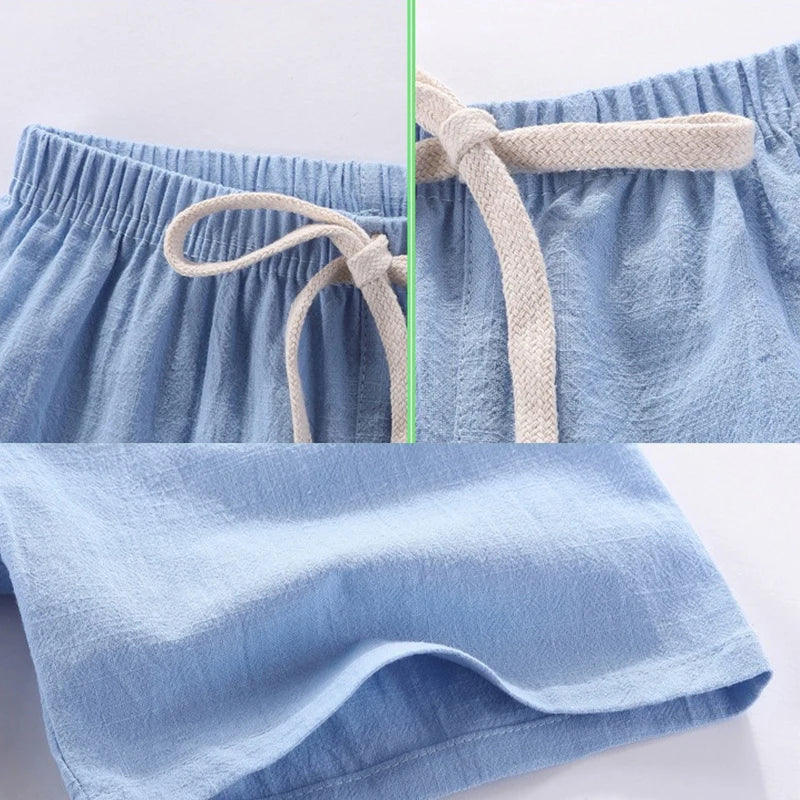 Pantalones cortos para niños y niñas, pantalones cortos deportivos de lino y algodón para verano, finos, transpirables, con cintura elástica, para playa, pantalones cortos informales sueltos para chico