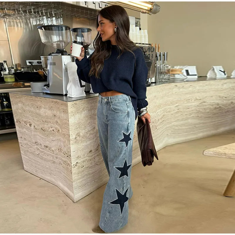 Pantalones vaqueros elegantes con decoración de perlas para mujer, pantalones de pierna ancha de cintura alta, ropa de calle nueva de moda, pantalones de lujo 2025