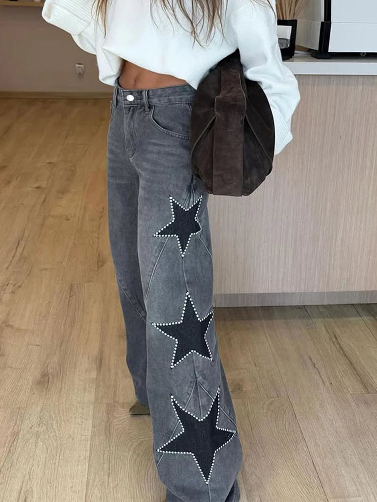 Pantalones vaqueros elegantes con decoración de perlas para mujer, pantalones de pierna ancha de cintura alta, ropa de calle nueva de moda, pantalones de lujo 2025