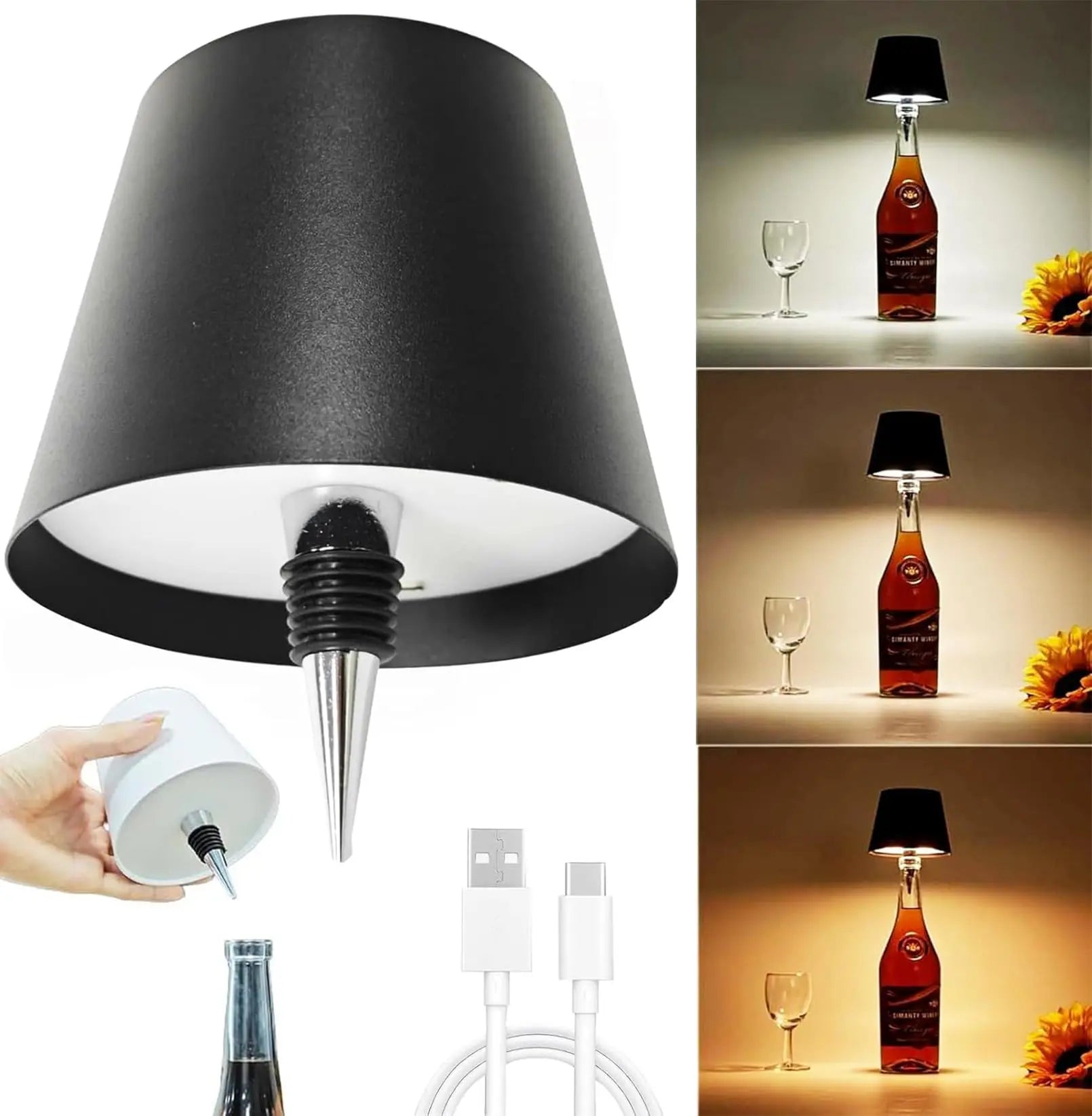 Lámpara de mesa inalámbrica para botellas, Control táctil de 3 colores y lámpara de noche con atenuación continua para Bar, botellas de vino, decoración de luces de escritorio