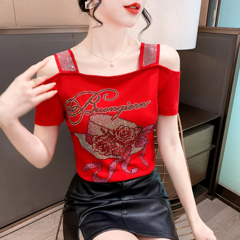 Ropa de calle europea, camiseta de marca para mujer, camisetas ajustadas de manga corta elegantes con diamantes brillantes para mujer