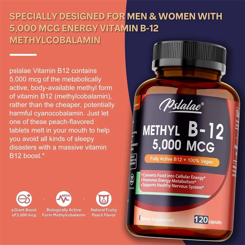 Vitamina B12 - Suplemento MCG 5000 -Benemó la función cerebral y corazón, admite memoria, aprendizaje, ayuda a aumentar la energía natural