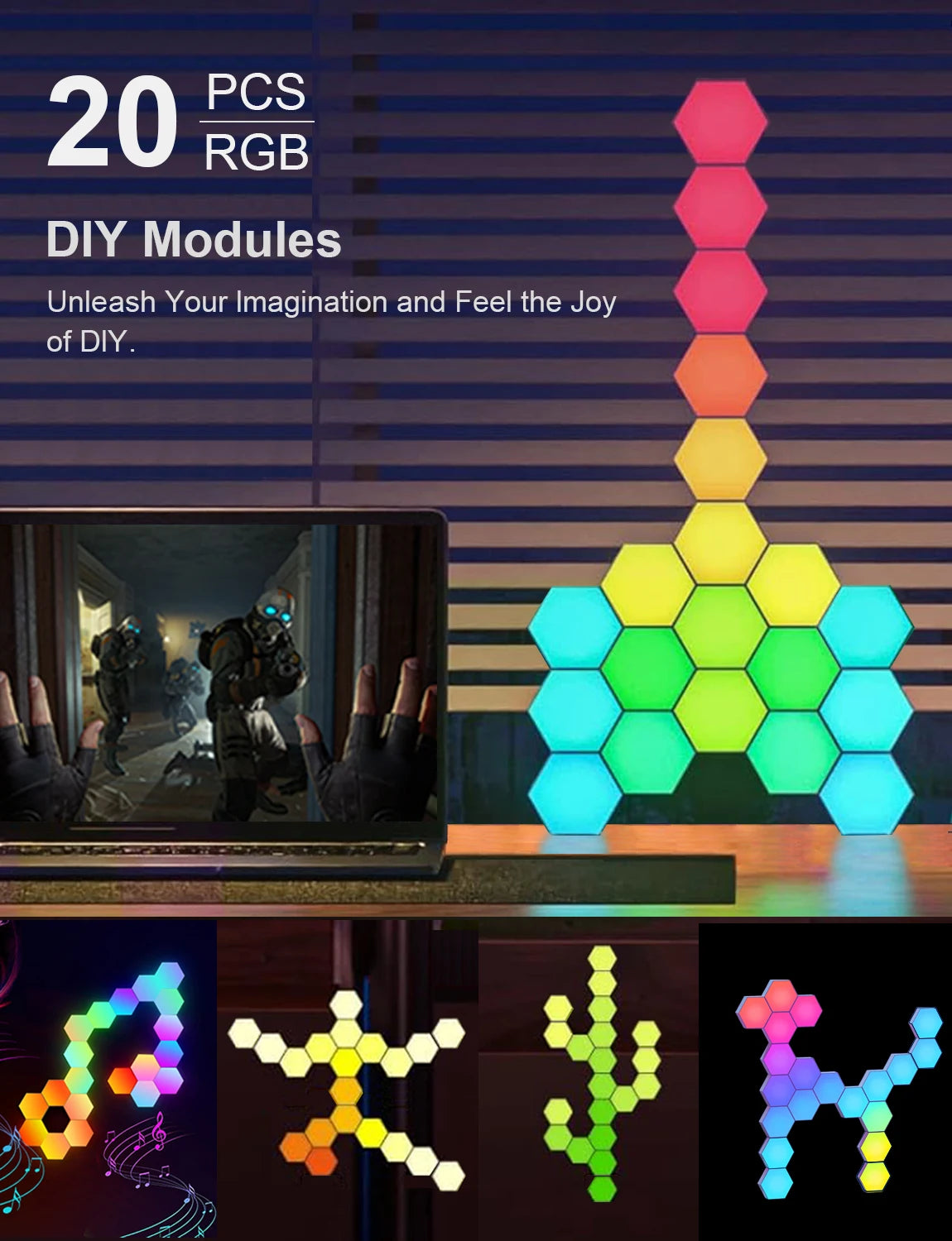 Lámpara de pared Hexagonal inteligente Fivemi RGB, luz nocturna ambiental que cambia de Color, Hexagonal DYI, ritmo musical, Control por aplicación, sala de juegos y dormitorio