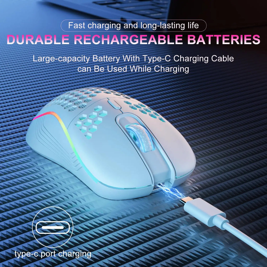 Ratón inalámbrico 2,4G con retroiluminación RGB, 6 botones, 3 velocidades, DPI tipo C, recargable, ergonómico, diseño de panal, ratón para juegos