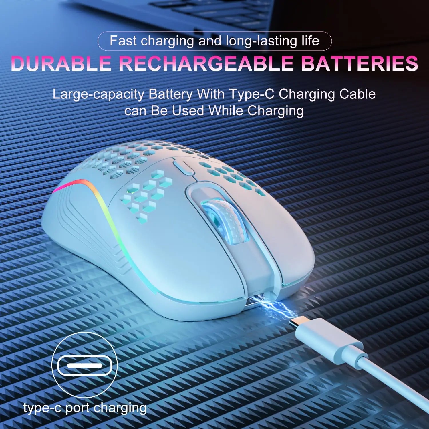 Ratón inalámbrico 2,4G con retroiluminación RGB, 6 botones, 3 velocidades, DPI tipo C, recargable, ergonómico, diseño de panal, ratón para juegos