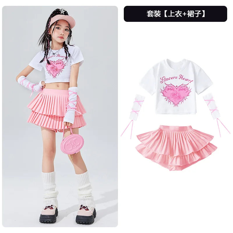 Ropa bonita de Hip Hop para chico, camiseta corta con estampado rosa, mangas, minifalda plisada en capas blancas para niñas, tra