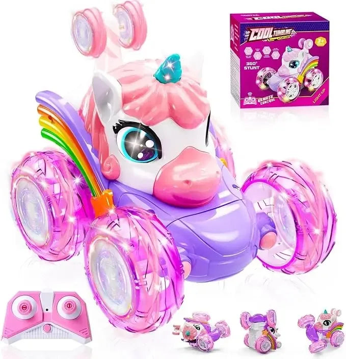 Coche teledirigido unicornio para niñas, 360 °   Coches RC acrobáticos giratorios 4WD con luces lindas, juguetes recargables para niños para regalos de cumpleaños