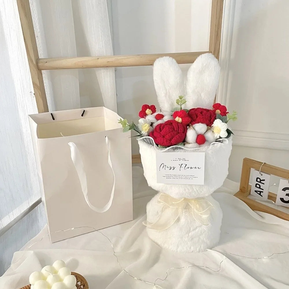 Ramo de flores de ganchillo con orejas de conejo, ramo de flores completo hecho a mano con bolsa de regalo, ramo de rosas de punto creativo para el día de la madre