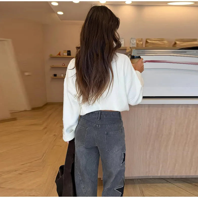 Pantalones vaqueros elegantes con decoración de perlas para mujer, pantalones de pierna ancha de cintura alta, ropa de calle nueva de moda, pantalones de lujo 2025