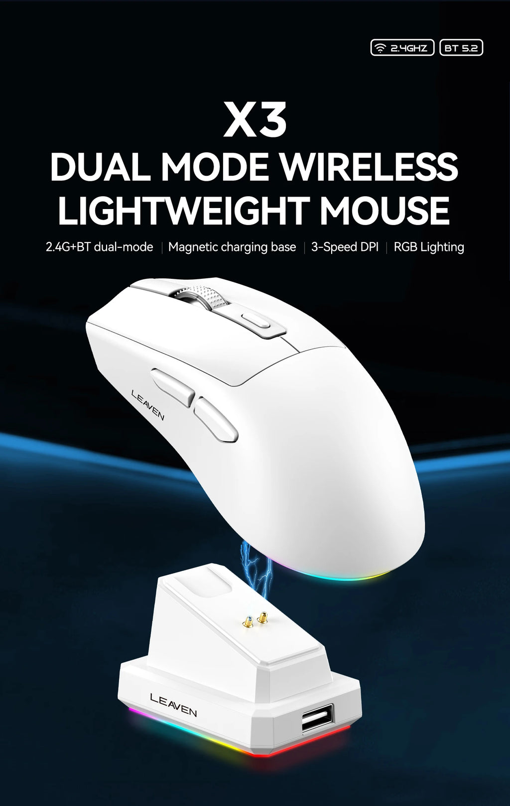 Ratón inalámbrico de modo dual |   Base de carga magnética |   Retroiluminado RGB |   DPI de 3 velocidades (800-1200-1600) |   2.4G/BT |   Adecuado para uso diario.