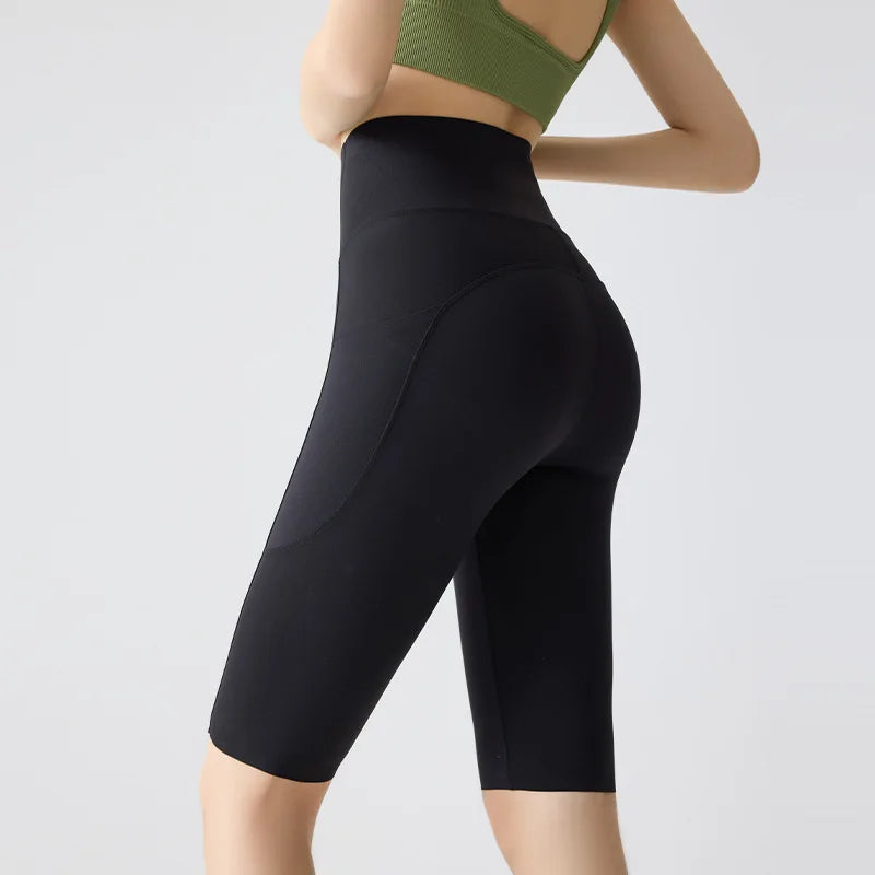 BIVIGAOS, pantalones cortos de verano con bolsillo para Yoga de piel de tiburón para bicicleta, pantalones cortos finos de cintura alta con realce, sensación desnuda, pantalones cortos deportivos para ciclismo y Fitness